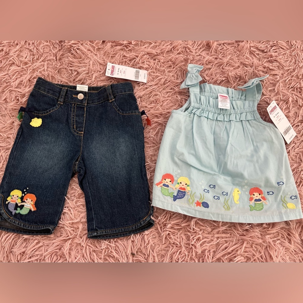 NWT GYMBOREE MERMAIDS!! Adorable Denim crop jeans and Cotton Shirt. Embroidered